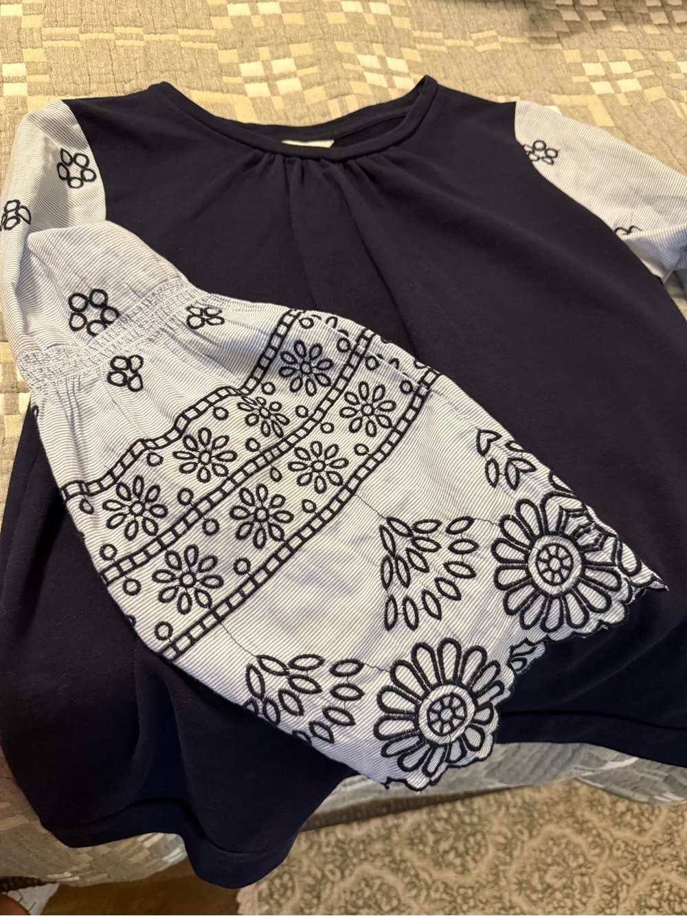 crown & ivy Navy Top with Embroidered White Floral Sleeves